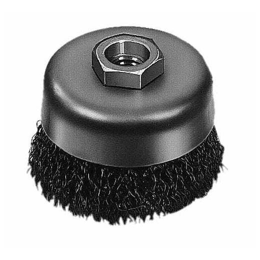 Milwaukee® 48-52-1400 Cup Brush, 5 in Dia Brush, 5/8-11 Arbor Hole, 0.02 in Dia Filament/Wire, Crimped, Carbon Steel Fill